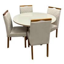 Mesa de Jantar Atlanta 100cm Redonda com Vidro e 4 Cadeiras California em Linho Estofadas Minas Plac Cor Cinamomo Off White com Tecido Bege Mesa de Jantar Atlanta 100cm Redonda com Vidro e 4 Cadeiras California em Linho Estofadas Minas Plac Cor Cinamomo Off White com Tecido Bege
