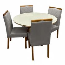 Mesa de Jantar Atlanta 100cm Redonda com Vidro e 4 Cadeiras California em Linho Estofadas Minas Plac Cor Cinamomo Off White com Tecido Cinza