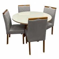 Mesa de Jantar Atlanta 100cm Redonda com Vidro e 4 Cadeiras California em Linho Estofadas Minas Plac Cor Cinamomo Off White com Tecido Cinza Mesa de Jantar Atlanta 100cm Redonda com Vidro e 4 Cadeiras California em Linho Estofadas Minas Plac Cor Cinamomo Off White com Tecido Cinza
