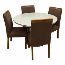 Mesa de Jantar Atlanta 100cm Redonda com Vidro e 4 Cadeiras California em Veludo Estofadas Minas Plac Cor Cinamomo Off White com Tecido Marrom