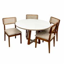 Mesa de Jantar Atlanta 100cm Redonda com Vidro e 4 Cadeiras Canada em Linho Madeira Minas Plac Cor Cinamomo Off White com Tecido Bege