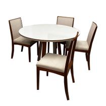 Mesa de Jantar Atlanta 100cm Redonda com Vidro e 4 Cadeiras Lara Kappesberg em Linho Madeira Minas Plac Cor Cinamomo Off White com Tecido Bege Mesa de Jantar Atlanta 100cm Redonda com Vidro e 4 Cadeiras Lara Kappesberg em Linho Madeira Minas Plac Cor Cinamomo Off White com Tecido Bege