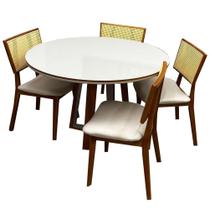 Mesa de Jantar Atlanta 100cm Redonda com Vidro e 4 Cadeiras Livia em Linho Madeira Minas Plac Cor Cinamomo Off White com Tecido Bege Mesa de Jantar Atlanta 100cm Redonda com Vidro e 4 Cadeiras Livia em Linho Madeira Minas Plac Cor Cinamomo Off White com Tecido Bege