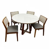 Mesa de Jantar Atlanta 100cm Redonda com Vidro e 4 Cadeiras Oiti em Linho Madeira Minas Plac Cor Cinamomo Off White com Tecido Cinza Mesa de Jantar Atlanta 100cm Redonda com Vidro e 4 Cadeiras Oiti em Linho Madeira Minas Plac Cor Cinamomo Off White com Tecido Cinza