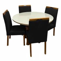 Mesa de Jantar Atlanta 120cm Redonda com Vidro e 4 Cadeiras California em Veludo Estofadas Minas Plac Cor Cinamomo Off White com Tecido Preto