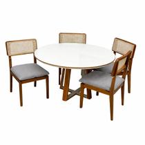 Mesa de Jantar Atlanta 120cm Redonda com Vidro e 4 Cadeiras Canada em Linho Madeira Minas Plac Cor Cinamomo Off White com Tecido Cinza