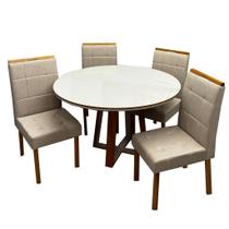 Mesa de Jantar Atlanta 120cm Redonda com Vidro e 4 Cadeiras Giulia em Linho Estofadas Minas Plac Cor Cinamomo Off White com Tecido Bege