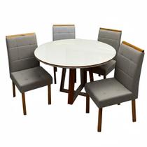 Mesa de Jantar Atlanta 120cm Redonda com Vidro e 4 Cadeiras Giulia em Veludo Estofadas Minas Plac Cor Cinamomo Off White com Tecido Cinza