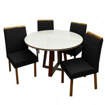 Mesa de Jantar Atlanta 120cm Redonda com Vidro e 4 Cadeiras Giulia em Veludo Estofadas Minas Plac Cor Cinamomo Off White com Tecido Preto