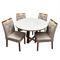 Mesa de Jantar Atlanta 120cm Redonda com Vidro e 4 Cadeiras Jasmim em Veludo Estofadas Minas Plac Cor Cinamomo Off White com Tecido Bege