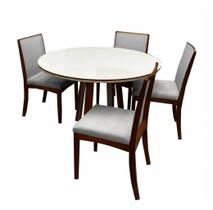 Mesa de Jantar Atlanta 120cm Redonda com Vidro e 4 Cadeiras Lara Kappesberg em Linho Madeira Minas Plac Cor Cinamomo Off White com Tecido Cinza