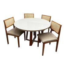 Mesa de Jantar Atlanta 120cm Redonda com Vidro e 4 Cadeiras Monalisa em Linho Madeira Minas Plac Cor Cinamomo Off White com Tecido Bege