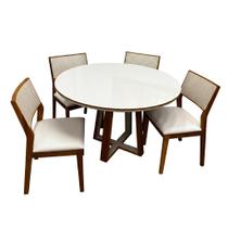 Mesa de Jantar Atlanta 120cm Redonda com Vidro e 4 Cadeiras Oiti em Linho Madeira Minas Plac Cor Cinamomo Off White com Tecido Bege Mesa de Jantar Atlanta 120cm Redonda com Vidro e 4 Cadeiras Oiti em Linho Madeira Minas Plac Cor Cinamomo Off White com Tecido Bege