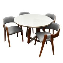 Mesa de Jantar Atlanta 120cm Redonda com Vidro e 4 Cadeiras Perola em Linho Madeira Minas Plac Cor Cinamomo Off White com Tecido Cinza