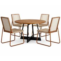 Mesa de Jantar Atria Preta Redonda com 4 Cadeiras Wood 1751 em Aço e Mdf Tecido Linho Areia Carraro Mesa de Jantar Atria Preta Redonda com 4 Cadeiras Wood 1751 em Aço e Mdf Tecido Linho Areia Carraro