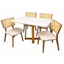Mesa de Jantar Bali 120x80cm com Vidro e 4 Cadeiras Livia em Linho Madeira Minas Plac Cor Cinamomo Off White com Tecido Bege