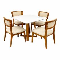 Mesa de Jantar Bali 120x80cm com Vidro e 4 Cadeiras New Viena em Linho Madeira Minas Plac Cor Cinamomo Off White com Tecido Bege