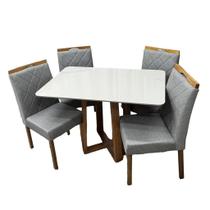 Mesa de Jantar Bali 120x90cm com Vidro e 4 Cadeiras California em Veludo Estofadas Minas Plac Cor Cinamomo Off White com Tecido Cinza