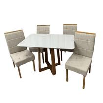 Mesa de Jantar Bali 120x90cm com Vidro e 4 Cadeiras Giulia em Linho Estofadas Minas Plac Cor Cinamomo Off White com Tecido Bege