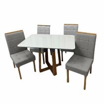 Mesa de Jantar Bali 120x90cm com Vidro e 4 Cadeiras Giulia em Veludo Estofadas Minas Plac Cor Cinamomo Off White com Tecido Cinza