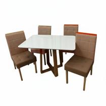 Mesa de Jantar Bali 120x90cm com Vidro e 4 Cadeiras Giulia em Veludo Estofadas Minas Plac Cor Cinamomo Off White com Tecido Marrom