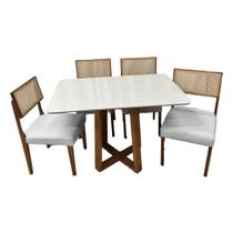 Mesa de Jantar Bali 120x90cm com Vidro e 4 Cadeiras Grecia em Linho Madeira Minas Plac Cor Cinamomo Off White com Tecido Cinza