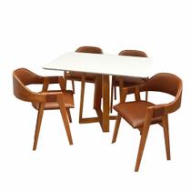 Mesa de Jantar Bali 120x90cm com Vidro e 4 Cadeiras Perola em material sintético Madeira Minas Plac Cor Cinamomo Off White com Tecido Marrom