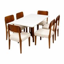 Mesa de Jantar Bali 160x80cm com Vidro e 6 Cadeiras Barcelona em Linho Madeira Minas Plac Cor Cinamomo Off White com Tecido Bege