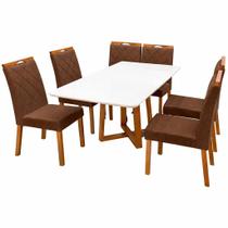 Mesa de Jantar Bali 160x80cm com Vidro e 6 Cadeiras California em Veludo Estofadas Minas Plac Cor Cinamomo Off White com Tecido Marrom