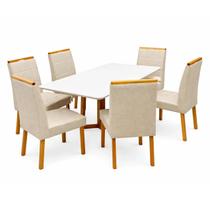 Mesa de Jantar Bali 160x80cm com Vidro e 6 Cadeiras Giulia em Linho Estofadas Minas Plac Cor Cinamomo Off White com Tecido Bege