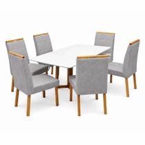 Mesa de Jantar Bali 160x80cm com Vidro e 6 Cadeiras Giulia em Linho Estofadas Minas Plac Cor Cinamomo Off White com Tecido Cinza Mesa de Jantar Bali 160x80cm com Vidro e 6 Cadeiras Giulia em Linho Estofadas Minas Plac Cor Cinamomo Off White com Tecido Cinza