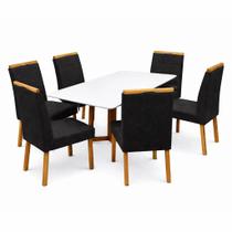 Mesa de Jantar Bali 160x80cm com Vidro e 6 Cadeiras Giulia em Veludo Estofadas Minas Plac Cor Cinamomo Off White com Tecido Preto
