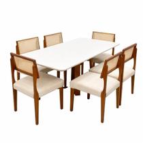 Mesa de Jantar Bali 160x80cm com Vidro e 6 Cadeiras Grecia em Linho Madeira Minas Plac Cor Cinamomo Off White com Tecido Bege Mesa de Jantar Bali 160x80cm com Vidro e 6 Cadeiras Grecia em Linho Madeira Minas Plac Cor Cinamomo Off White com Tecido Bege