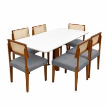 Mesa de Jantar Bali 160x80cm com Vidro e 6 Cadeiras Grecia em Linho Madeira Minas Plac Cor Cinamomo Off White com Tecido Cinza