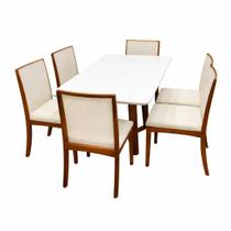 Mesa de Jantar Bali 160x80cm com Vidro e 6 Cadeiras Lara Kappesberg em Linho Madeira Minas Plac Cor Cinamomo Off White com Tecido Bege