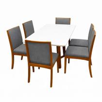 Mesa de Jantar Bali 160x80cm com Vidro e 6 Cadeiras Lara Kappesberg em Linho Madeira Minas Plac Cor Cinamomo Off White com Tecido Cinza Mesa de Jantar Bali 160x80cm com Vidro e 6 Cadeiras Lara Kappesberg em Linho Madeira Minas Plac Cor Cinamomo Off White com Tecido Cinza