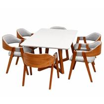 Mesa de Jantar Bali 160x80cm com Vidro e 6 Cadeiras Perola em Linho Madeira Minas Plac Cor Cinamomo Off White com Tecido Cinza Mesa de Jantar Bali 160x80cm com Vidro e 6 Cadeiras Perola em Linho Madeira Minas Plac Cor Cinamomo Off White com Tecido Cinza