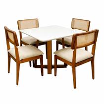 Mesa de Jantar Bali 90x90cm com Vidro e 4 Cadeiras Canada em Linho Madeira Minas Plac Cor Cinamomo Off White com Tecido Bege