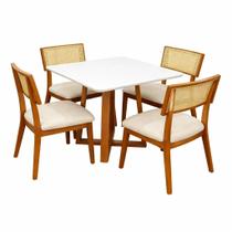 Mesa de Jantar Bali 90x90cm com Vidro e 4 Cadeiras Livia em Linho Madeira Minas Plac Cor Cinamomo Off White com Tecido Bege Mesa de Jantar Bali 90x90cm com Vidro e 4 Cadeiras Livia em Linho Madeira Minas Plac Cor Cinamomo Off White com Tecido Bege