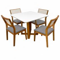Mesa de Jantar Bali 90x90cm com Vidro e 4 Cadeiras Oiti em Linho Madeira Minas Plac Cor Cinamomo Off White com Tecido Cinza Mesa de Jantar Bali 90x90cm com Vidro e 4 Cadeiras Oiti em Linho Madeira Minas Plac Cor Cinamomo Off White com Tecido Cinza