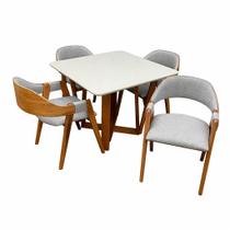 Mesa de Jantar Bali 90x90cm com Vidro e 4 Cadeiras Perola em Linho Madeira Minas Plac Cor Cinamomo Off White com Tecido Cinza Mesa de Jantar Bali 90x90cm com Vidro e 4 Cadeiras Perola em Linho Madeira Minas Plac Cor Cinamomo Off White com Tecido Cinza