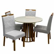 Mesa de Jantar Berlim 100cm Redonda com Vidro e 4 Cadeiras California em Linho Estofadas Cel Móveis Cor Cinamomo Off White com Tecido Cinza