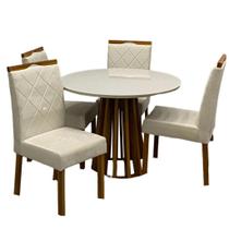 Mesa de Jantar Berlim 100cm Redonda com Vidro e 4 Cadeiras California em Veludo Estofadas Cel Móveis Cor Cinamomo Off White com Tecido Bege