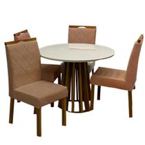 Mesa de Jantar Berlim 100cm Redonda com Vidro e 4 Cadeiras California em Veludo Estofadas Cel Móveis Cor Cinamomo Off White com Tecido Marrom