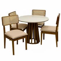 Mesa de Jantar Berlim 100cm Redonda com Vidro e 4 Cadeiras Canada em Linho Madeira Cel Móveis Cor Cinamomo Off White com Tecido Bege