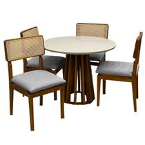 Mesa de Jantar Berlim 100cm Redonda com Vidro e 4 Cadeiras Canada em Linho Madeira Cel Móveis Cor Cinamomo Off White com Tecido Cinza