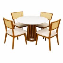 Mesa de Jantar Berlim 100cm Redonda com Vidro e 4 Cadeiras Diamante em Linho Madeira Cel Móveis Cor Cinamomo Off White com Tecido Bege