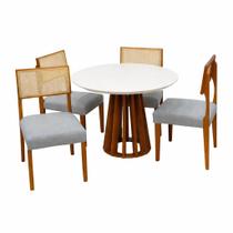 Mesa de Jantar Berlim 100cm Redonda com Vidro e 4 Cadeiras Grecia em Linho Madeira Cel Móveis Cor Cinamomo Off White com Tecido Cinza
