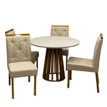 Mesa de Jantar Berlim 100cm Redonda com Vidro e 4 Cadeiras Jasmim em Veludo Estofadas Cel Móveis Cor Cinamomo Off White com Tecido Bege