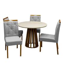 Mesa de Jantar Berlim 100cm Redonda com Vidro e 4 Cadeiras Jasmim em Veludo Estofadas Cel Móveis Cor Cinamomo Off White com Tecido Cinza